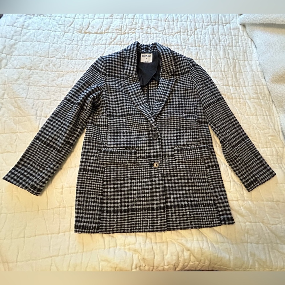 Old Navy Plaid Peacoat M NWT Periwinkle & Black v-neck wool blend poly GAP blue